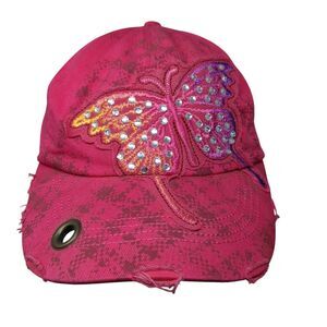 Butterfly Rhinestone Bling Slideback Hat Pink One Size Adjustable Distressed